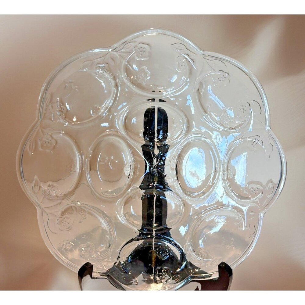 Anchor Hocking Savannah Clear Deviled Egg Plate Tray 10" Floral Glass Retro USA